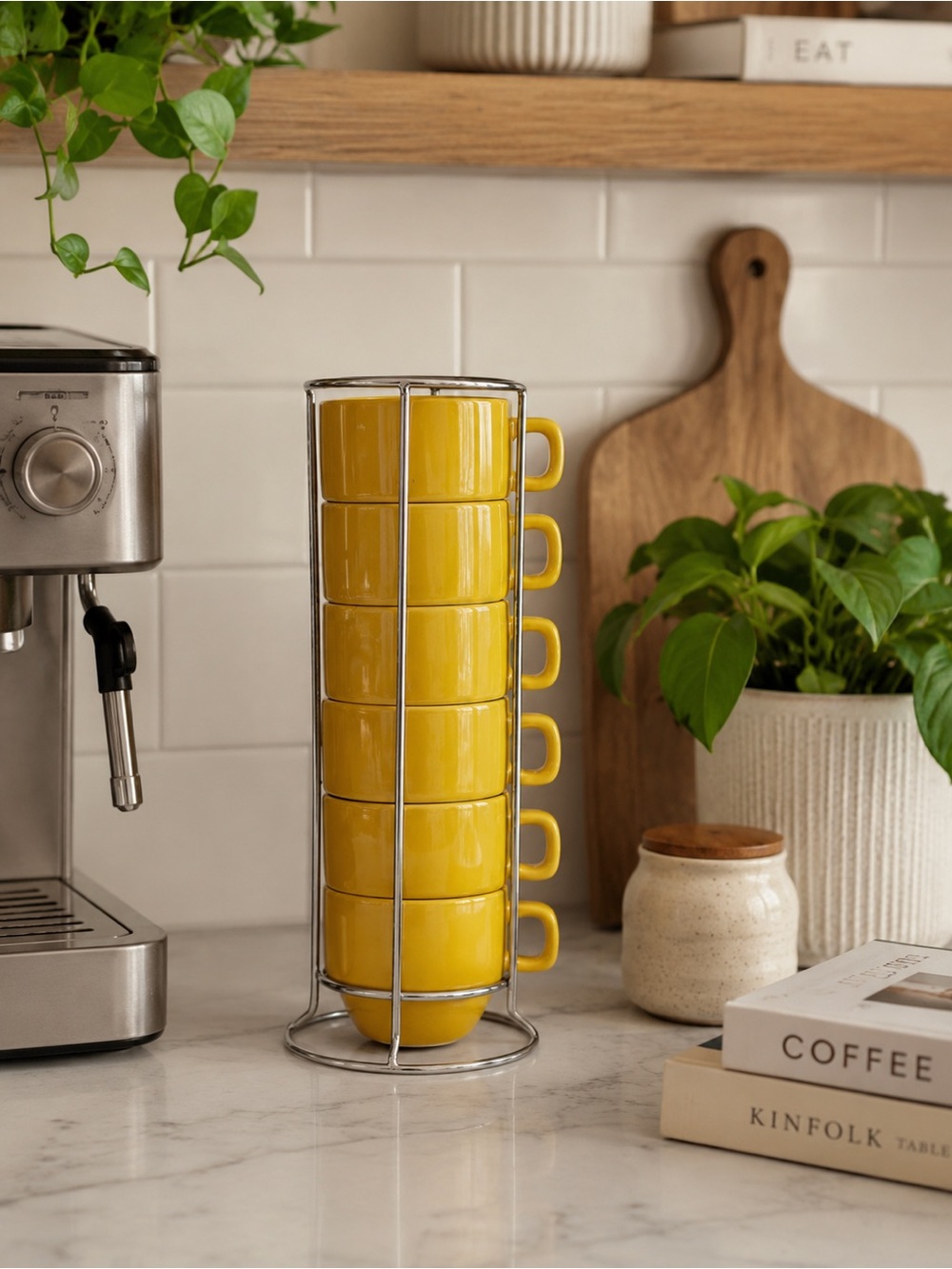 World Market Stackable Espresso Mug Set w/ Chrome Rack Mustard Yellow 6oz‎ Cups
